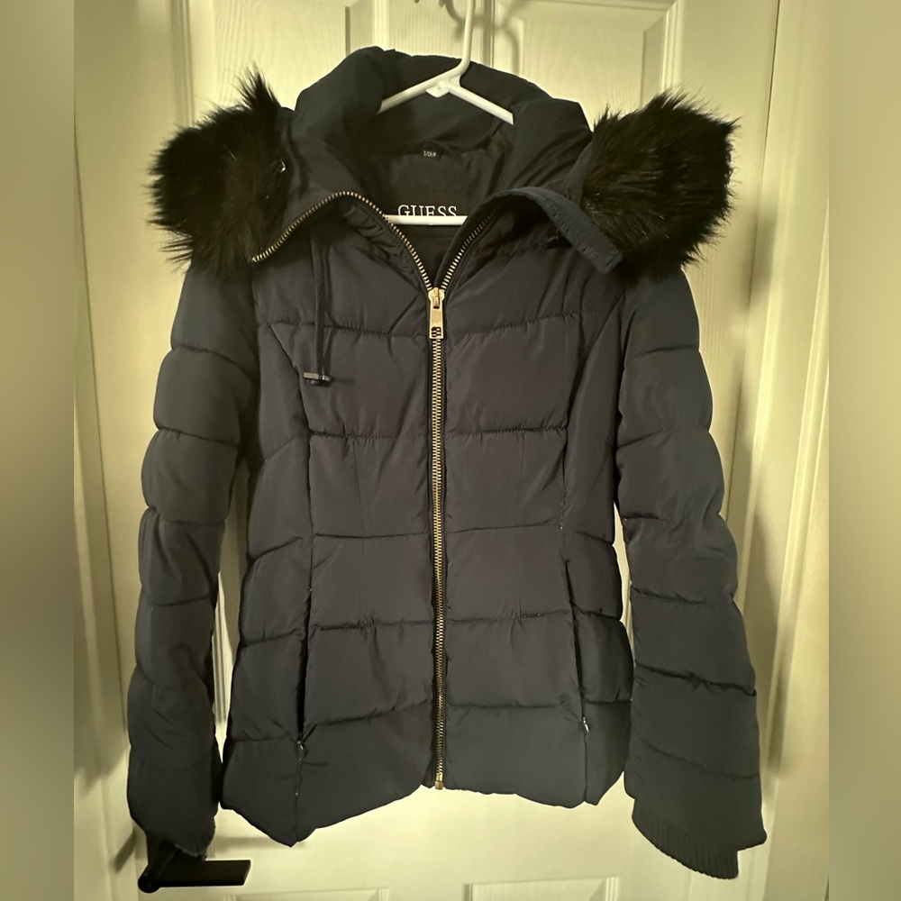 Guess jacket with fur hoodie Dark Blue